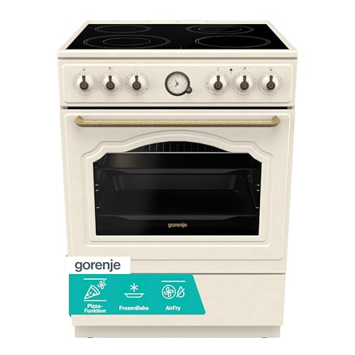 Gorenje Classico GECS 6 B70CLI Elektrostandherd mit Glaskeramik-Kochfeld/Retro Design / 60cm / 71 Liter/Gentle Close/Schnellaufheizung/AirFry/ExtraSteam/Pizzamodus/AquaClean/champagne, Elfenbein