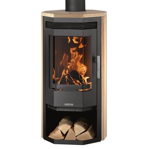 Justus Usedom 5 Kaminofen Stahl Schwarz mit Sandsteinverkleidung 5,5 kW Nennleistung Prismaglas Scheibenspülung Holzfach Bauart 1 Rauchrohr 150 mm