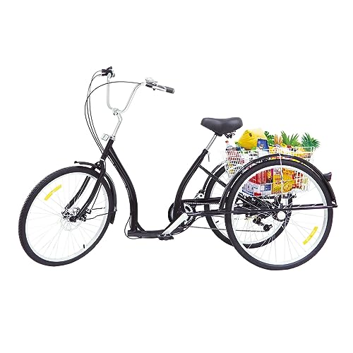Mqwdxzfes 26 Zoll Dreirad für Erwachsene, 6-Gang Erwachsenen Fahrrad mit Scheibenbremse & Hinterem Korb, 3 Räder Dreirad Fahrrad, EinkaufsDreirad Cityräder für Senioren Frauen Männer Outdoor (Schwarz)