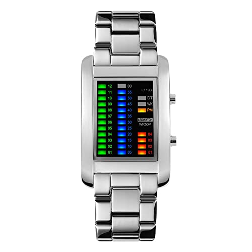 FeiWen Fashion Einzigartig Binary Uhren Mehrfarbig LED Licht Digital Sport Elegant Rechteck Edelstahl Armbanduhren 50M Wasserdicht Damenuhr Herrenuhr, Silber