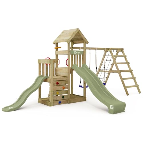 Wickey Spielturm Skyflyer 120 & 90 mit pastellgrüner Rutsche und pastellgrüner Plane - Spielgerät mit Kletteranbau für den Garten