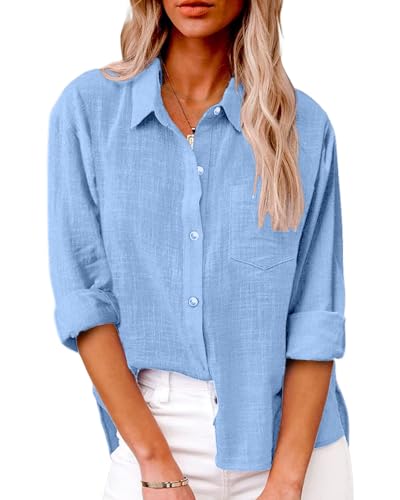 Friptspyg Bluse Damen Lässiges Langarm Hemdbluse Elegant Blusen & Tuniken für Damen V-Ausschnitt 100% Baumwolle Solide Sommer Oberteile mit Tasche, Himmelblau M