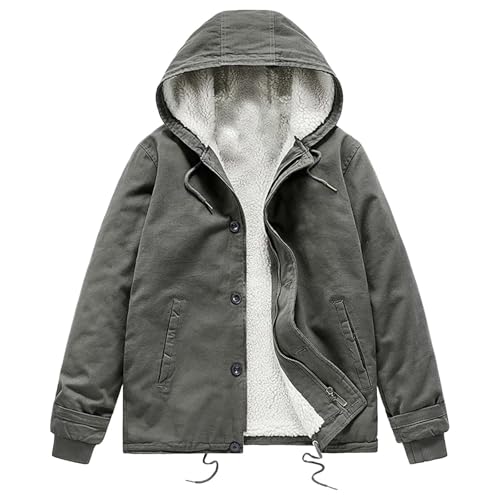 QUINTRA Herren Winterjacke Fleecejacke Lammwolle-Kurzjacke Verdickter Gepolsterte Pilotenjacke mit Kapuze (Silver, L)