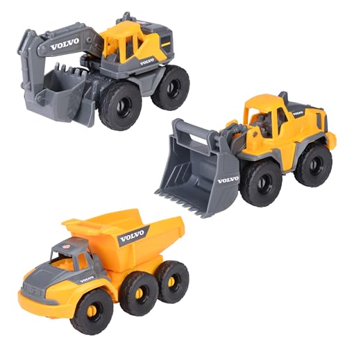 Dickie Toys Volvo Construction Set (je 16 cm) - 3 Baustellenfahrzeuge für Kinder mit Bagger Spielzeug, Radlader & Kipplaster, mit Freilauf ab 3 Jahren - 203722015