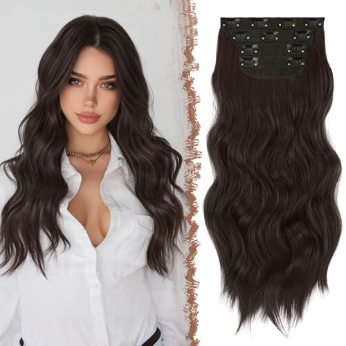 FESHFEN Clip in Extensions, 4PCS 50 cm Voller Kopf Haarverlängerungen mit Clips Synthetik Gewellte Haarextension Dunkelbraun Wavy Haar Extensions Clip in Haarteil für Frauen, 180g