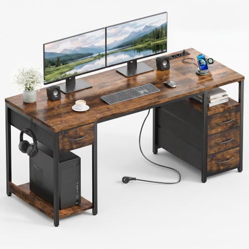 YOUDENOVA Schreibtisch mit 4 Schubladen, Computertisch 140cm mit Steckdosen und USB A/C, CPU-Ständer, Ablagefach, Stabiler Bürotisch PC Tisch Officetisch Für Büro Wohnzimmer Home Office Gaming Braun