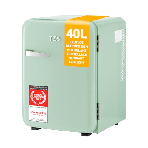TZS First Austria - Retro Mini Kühlschrank 40L lautlos - Kleiner Minikühlschrank im Vintage-Design mit Innenbeleuchtung & 2 Türfächern - Minibar für Camping, Büro, Schlafzimmer & Hotel - mint