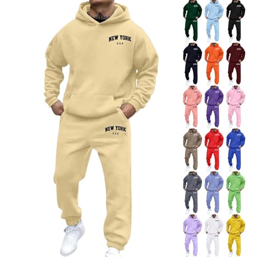 Jogginganzug Herren Trainingsanzug Freizeitanzug Einfarbig Hoodie Langarm mit Taschen Hausanzug 2-Teilig Fitness Kapuzenjacke Jogginghose Sportanzug Set Jogging Jogging Gym Tracksuit, Beige L
