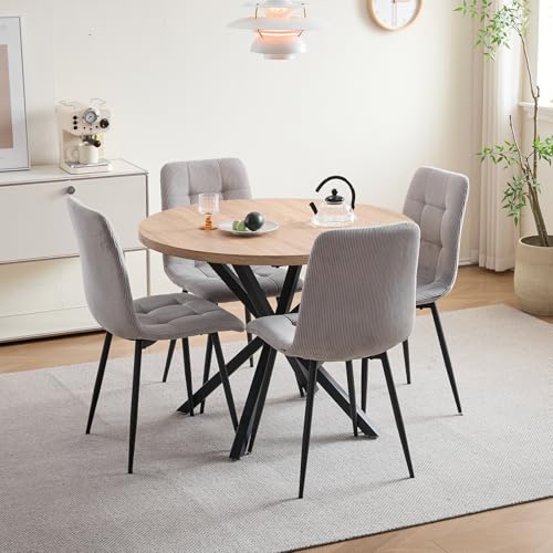 HJhomeheart Esstisch- und Stuhlset, 4 Cord mit Hoher Rückenlehne und EIN 100 cm Langer Moderner Runder Esstisch, Geeignet für Küchen, Esszimmer und Wohnzimmer (Hell + Hellgrau)