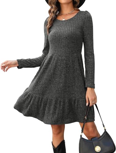 Zetieny Strickkleid Damen Langarm Strickpullover Elegant Kleider A-Linie Herbstkleid Rundhals Pulloverkleid Knielang Kleid für Herbst Winter