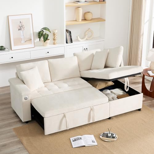 Merax Sofa Ecksofa mit Schlaffunktion, Praktisches Schlafsofa mit Bettkasten, Schlafcouch mit Stauraum, USB-Ladeanschluss und Armlehnenablage, für Wohnzimmer/Schlafzimmer, Beige