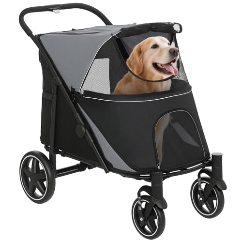 PawHut Hundewagen, Hundebuggy mit Kissen, Faltbarer Hundetrolley, Katzenbuggy für große und mittelgroße Hunde, Hundetrolley mit Netzfenster, Sicherheitsleinen, Tasche, Oxfordstoff, Grau