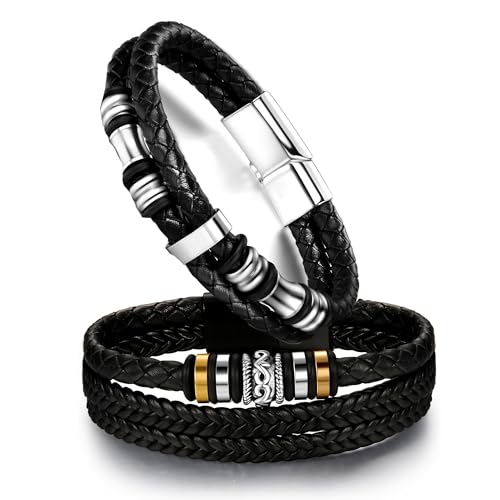 Dochais 2 Stücke Herren Armband, Premium Lederarmband für Männer in Schwarz Magnetverschluss aus Edelstahl Premium Echtlederarmband aus Leder Echtleder Geflochten Mit Magnet Verschluss