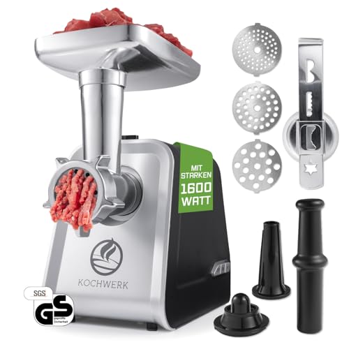 KOCHWERK elektrischer Fleischwolf mit verschiedenen Aufsätzen | verarbeitet bis zu 2000g/min | Hackfleisch, Kibbeh, Churros, Wurst & mehr auf Knopfdruck | leichte Bedienung und Reinigung [1600W]