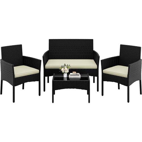 Yaheetech 4-er Gartenmöbel Set Balkonmöbel Set aus Polyrattan Terassenmöbel Außen mit 2er Sofa, 2 Stühle, Tisch & Sitzkissen für Terrasse/Balkon/Garten Schwarz & Beige