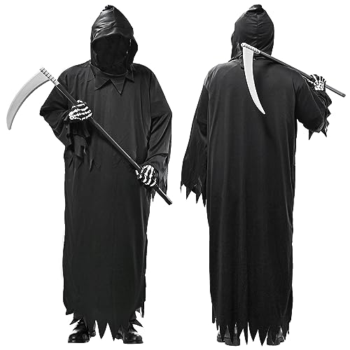Faburo Halloween Kostüm Herren, Gewand Des Sensenmanns mit Kopfhaube-Gesichtsmaske, Sichel und Handschuhe, Grim Reaper Costume for Party, Scary Erwachsene