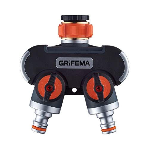 GRIFEMA 2-Wege-Verteiler, 3/4 Zoll und 1/2 Zoll Wasseranschluss Verteiler, 2 Geräte Können Gleichzeitig Verbunden Werden, Einstellbarer Wasserdurchfluss, Orange / Schwarz