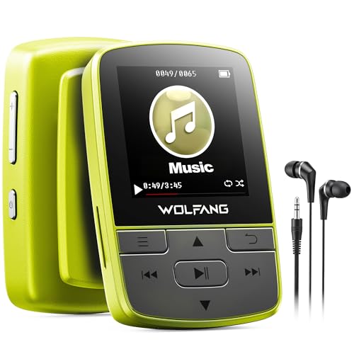 WOLFANG MP3-Player mit Bluetooth 5.2, Sportclip, Mini-Größe, Gewicht 28,3 g, HiFi FM-Radio, Diktiergerät, Kopfhörer im Lieferumfang enthalten(Ohne Karte) (Fluoreszierendes Grün)