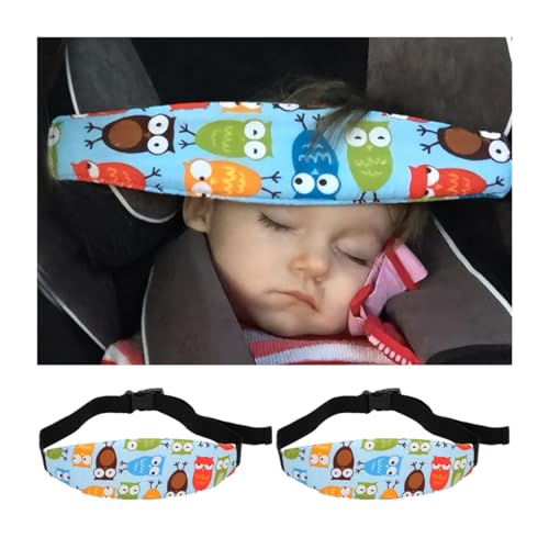 JNNJ 2 Stück Kopfhalterung Kindersitz, Kinder Stirnband Auto Schlafen, Kinderwagen Autositz Schlafen Kleinkind, Verstellbare Kindersitz-Kopfstütze(Blaue Eule)