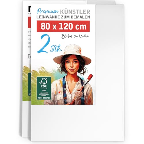 2er-Set Leinwand zum Bemalen 80x120cm groß - 100% Baumwolle 280g/m², 2-fach grundiert, FSC® Holz-Keilrahmen 17mm, für Acrylfarbe, Aquarell, Öl & Gouache