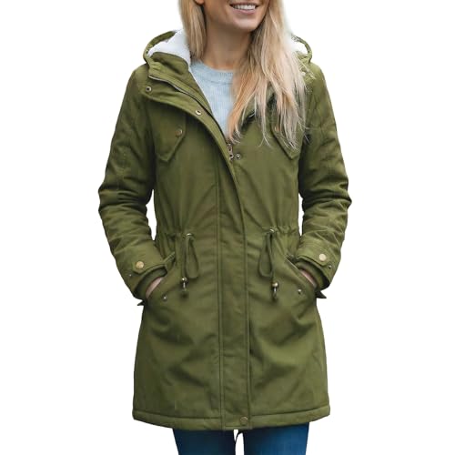 YYNUDA Wintermantel Damen Warm Gefüttert Winter Parka Mittellang Winterjacke Winterparka mit Fellkapuze Dicke Coat Große Größen #337 Grün L