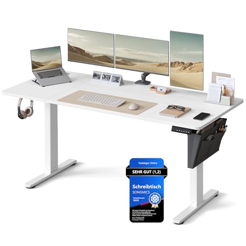 SONGMICS Höhenverstellbarer Schreibtisch elektrisch, 160 x 70 cm, stufenlos verstellbar, Memory-Funktion mit 4 Höhen, wolkenweiß LSD136W01
