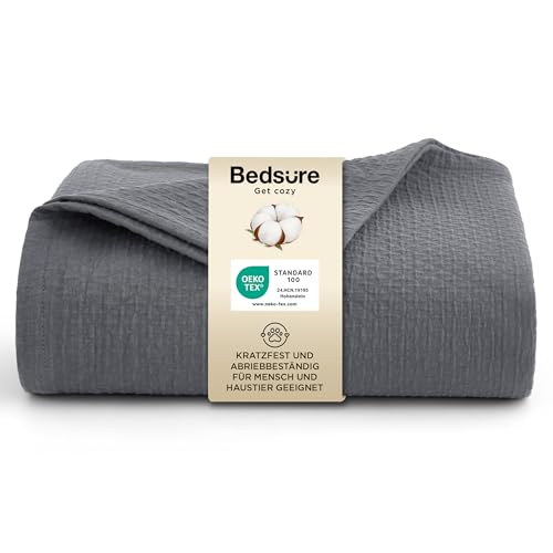 BEDSURE Tagesdecke 100% Baumwolle Kuscheldecke Hundedecke - Baumwolldecke mit Rautenmuster Haustierfreundlich, Scheuerfest, Nicht Fadenziehend Ideal für Sofa, Musselin Decke, Grau, 150x200 cm