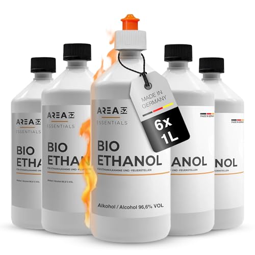 Area52 – Bioethanol 6x1L Set Ethanol – Reiner Ethylalkohol mit 96,6% Reinheitsgrad – Für Ethanolkamine, Tischkamine & Bioethanol-Feuerstellen – Geruchslos & rußfrei – Für Indoor & Outdoor (6 x 1L)
