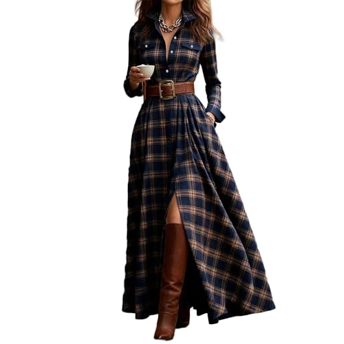 Porolo Damen Vintage Karo Maxikleid Langarm Hemdkleid mit Gürtel Taschen Lässiges Freizeitkleid für Frühling und Herbst