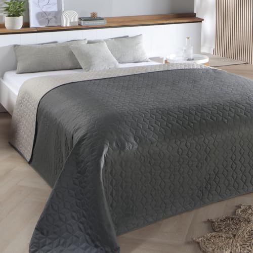 Delindo Lifestyle Tagesdecke Belford anthrazit grau, Bettüberwurf für Doppelbett, einfarbig, Gesteppt, 220x240 cm
