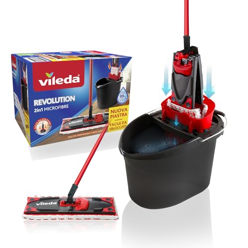 Vileda - Alle Bodenreinigungssystem mit Eimer, Abtropfgestell und Ständer mit Mikrofasertuch - Schwarz/Rot
