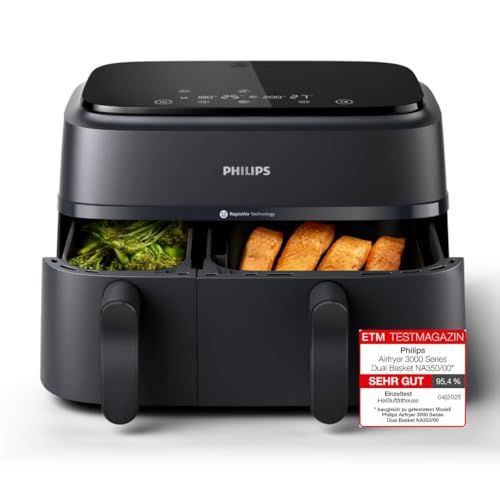 Philips Airfryer Dual Basket 3000 Series, 9L, 2 Körbe, 2 Gerichte gleichzeitig fertig, RapidAir Plus Heißlufttechnologie, 90% weniger Fett, Energieeffizient, HomeID Rezepte-App (NA350/00)