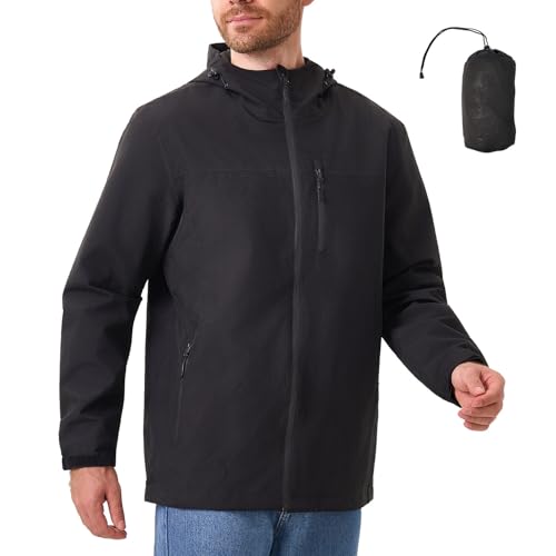 PYALT Regenjacke Herren Wasserdicht Atmungsaktiv Outdoorjacke Leichte Funktionsjacke Übergangsjacke Packbare Windjacke Fahrrad Regenmantel mit Kapuze Black M