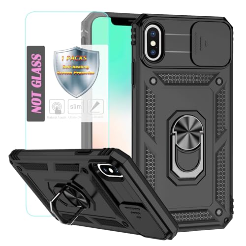 YmhxcY Handyhülle Für iPhone XS Max Hülle,[mit 1 Stück Schutzfolie],360°Drehen Metallständer，Stoßfester Schutz Hartschale，Mit Kameraschutz，for iPhone XS Max case-Schwarz
