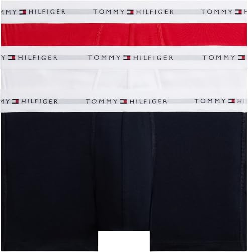 Tommy Hilfiger Herren 3er Pack Boxershorts Trunks mit Logobund, Mehrfarbig (Desert Sky/White/Primary Red), M