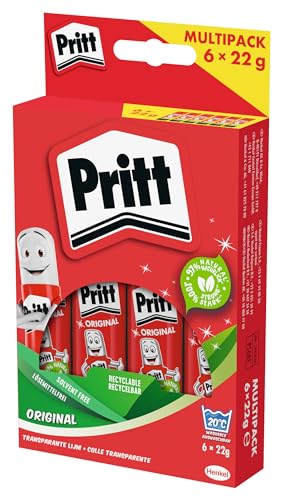 Pritt Klebestift, sicherer und kinderfreundlicher Kleber für Kunst und Bastelarbeiten, starker Klebstoff für Schule & Bürobedarf, 6x22g Pritt Stift