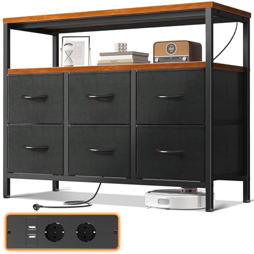 ODK Kommode mit Schubladen, mit 2 Steckdosen und 2 USB, 6 Großen Stoffschubladen, Multifunktionaler Schubladenschrank Geeignet für Schlafzimmer und Wohnzimmer, 100 * 30 * 85.2cm, Vintage