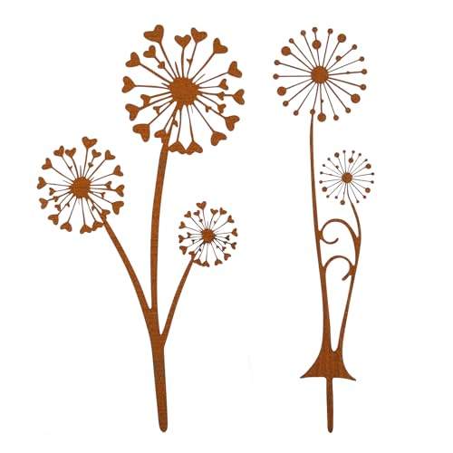 HFDONGL 2 Stück Gartenstecker Rost Deko Gartendeko Rost Pusteblume Metall Rostdeko Gartendeko für Garten Terrasse Balkon Blumentopf