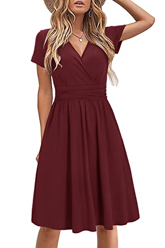 STYLEWORD Damen Sommerkleid Kurzarm V-Ausschnitt Kleider Einfarbig Kleid Strandkleid Mit Taschen(Dunkelrot,Groß)