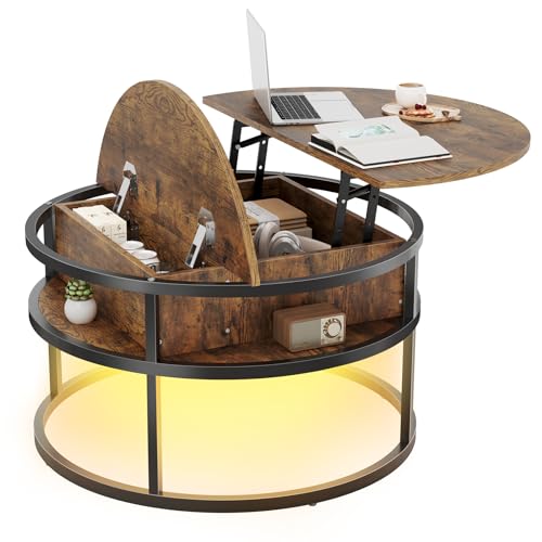 Dripex Couchtisch Rund, 81cm Durchmesser, Höhenverstellbar Beistelltisch mit Verstecktem Stauraum, Wohnzimmer mit Hebeplatte,Couch Tisch,Kaffeetisch, Holz Wohnzimmertisch für Wohnzimmer, Büro