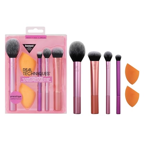 Real Techniques Everyday Essentials + Make-up-Schwamm-Set, 4 Make-up-Pinsel und 2 Blender-Schwämme, für Foundation, Rouge, Bronzer, Lidschatten und Puder, synthetische Borsten, 6-teiliges Set