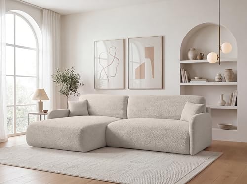 KP-Meble Ecksofa mit Schlaffunktion - 256x175 cm Bouclé Beige – Modernes L-Sofa, Schlafsofa mit Bettkasten, Große Couch mit Stauraum Pierr (Anthology 1, Links)