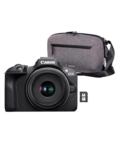 Canon EOS R100 + RF-S 18-45mm F4.5-6.3 is STM Objektiv + Kameratasche + 64GB SD-Karte (Spiegellose Digitalkamera, 4k Videokamera, 24,1 Megapixel, Bildstabilisator, Objektivsteuerring, WLAN) schwarz