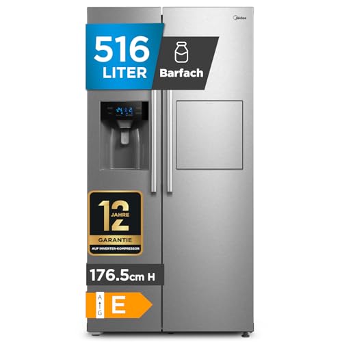 Midea KS-EIX 6.23 Side-by-Side Kühl-/Gefrierkombination/176,5 cm hoch/No Frost/Inverter Compressor/mit Barfach/Wasser-/Eisspender mit Festwasseranschluss/Twin Control, Rostfreier Stahl