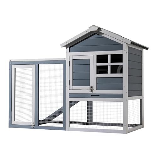 Wiltec Hasenstall grau-weiß 1220 x 630 x 920 mm mit Freilaufgehege und erhöhtem Unterschlupf aus Holz, Kaninchenkäfig mit 2 Etagen, Kleintierstall