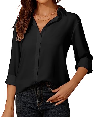 Damen Button-Down Shirts Langarm Kragen Tops Lady Work Office Chiffon Bluse