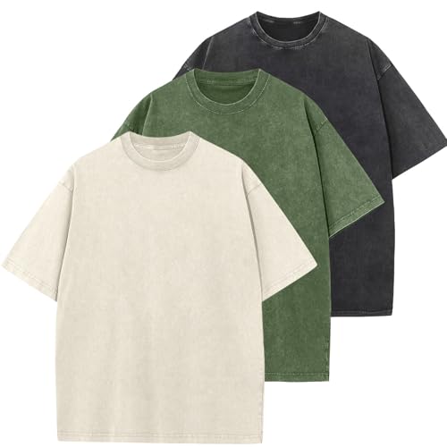 Oversized T-Shirt für Herren Heavy Baumwolle Regular Fit Basic Männer T-Shirt Set Casual Sommer Tops(Beige/Armeegrün/Schwarz M)