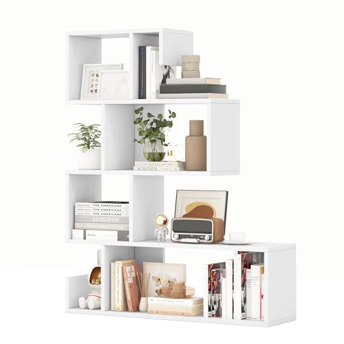 FANTASK 4 Ebenen Bücherregal, Stufenregal Holz, Raumteiler Regal mit 8 offenen Fächern, Treppenregal für Wohnzimmer, Schlafzimmer, Büro, 80 x 22 x 100 cm (Weiß)