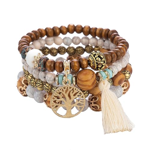 SHUBEIEUMI Boho Holzperlen Armband, 4 Stück Boho Quaste Armband für Damen, Frauen Baum des Lebens Charm Statement Armreifen, Kristall Perle