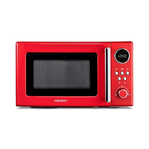 MEDION Retro Mikrowelle klein (20 Liter, ca. 800 Watt, 5 Mikrowellenstufen, 8 Automatikprogramme, Digitale Anzeige, Auftaufunktion, kompakt, MD15000) rot